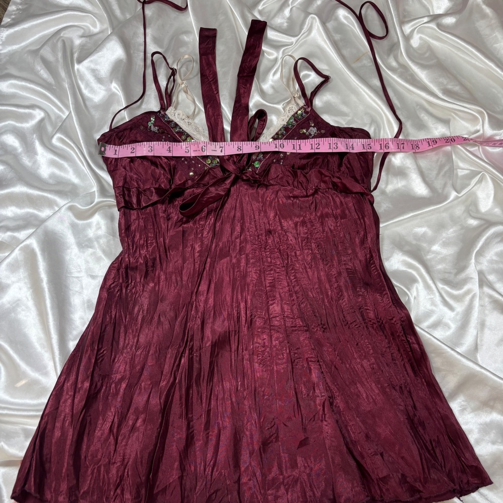 y2k Babydoll Top Burgundy Excellent Lace Sequin Beaded Satin Dolled Up M - Picture 6 of 7